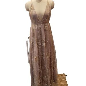 NWT Elegant Evening Gown- Champaign/ beige/ formal dress gold white sparkle
